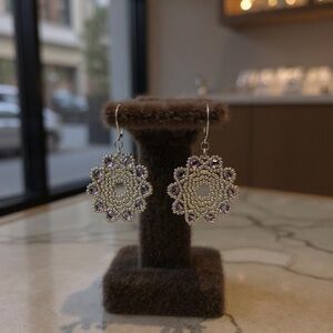 Hand Crafted Purple Crystal and Silver Dangle Earrings